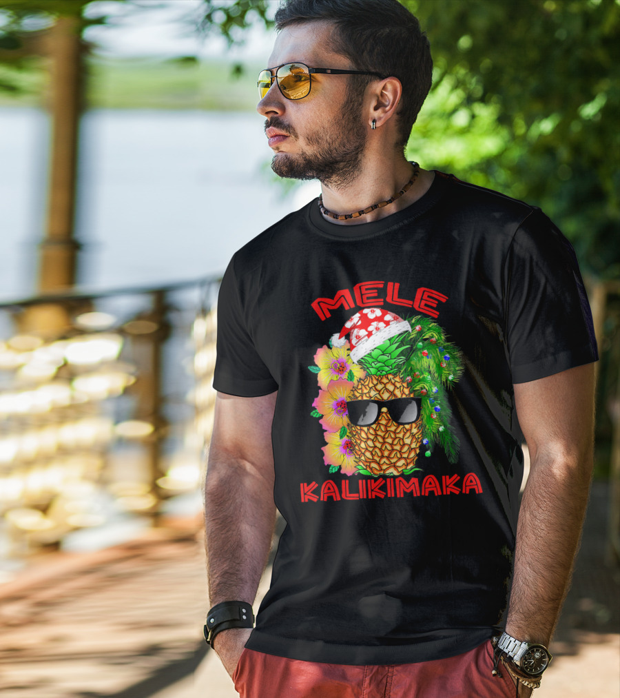 Mele Kalikimaka Hawaiian Christmas Pineapple Santa Hat Sunglasses Flowers T-Shirt