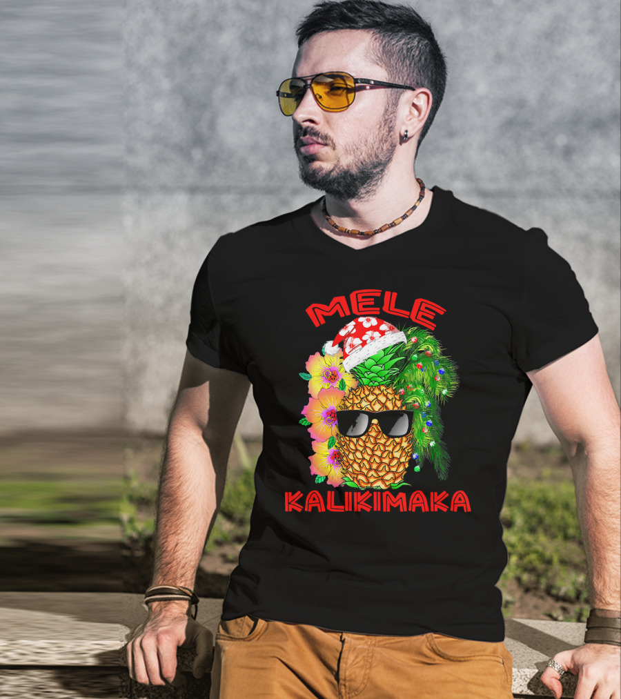Mele Kalikimaka Hawaiian Christmas Pineapple Santa Hat Sunglasses Flowers T-Shirt
