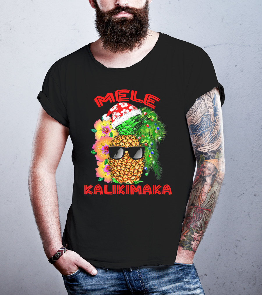 Mele Kalikimaka Hawaiian Christmas Pineapple Santa Hat Sunglasses Flowers T-Shirt