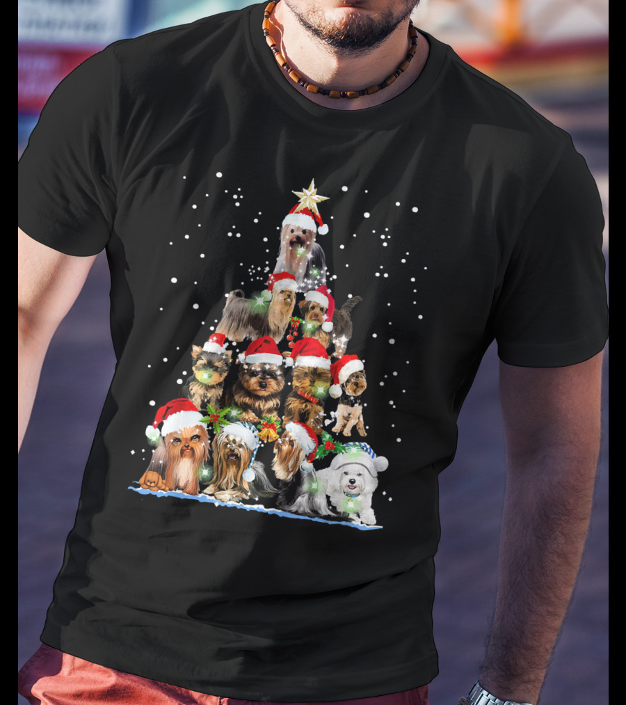 Yorkie Christmas Tree Santa Hats Dogs Snowflakes T-Shirt