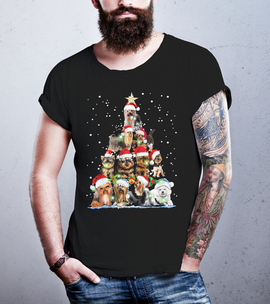 Yorkie Christmas Tree Santa Hats Dogs Snowflakes T-Shirt
