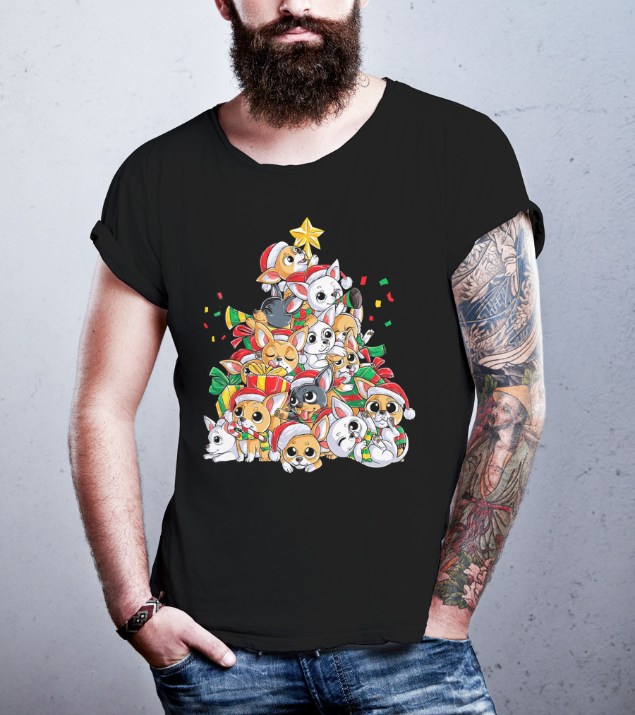 Chihuahua Christmas Tree Festive Dogs With Santa Hats And Presents T-Shirt