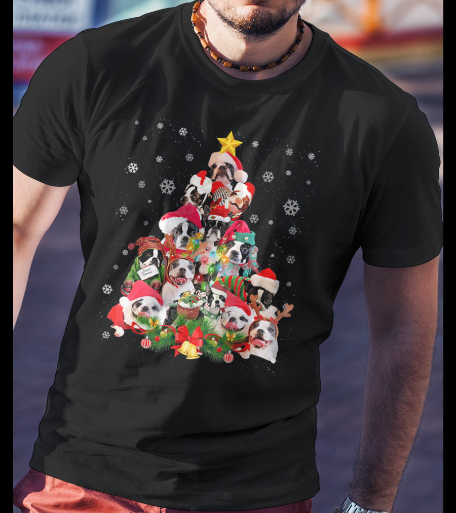 Boston Terriers Christmas Tree Snowflakes And Santa Hats T-Shirt