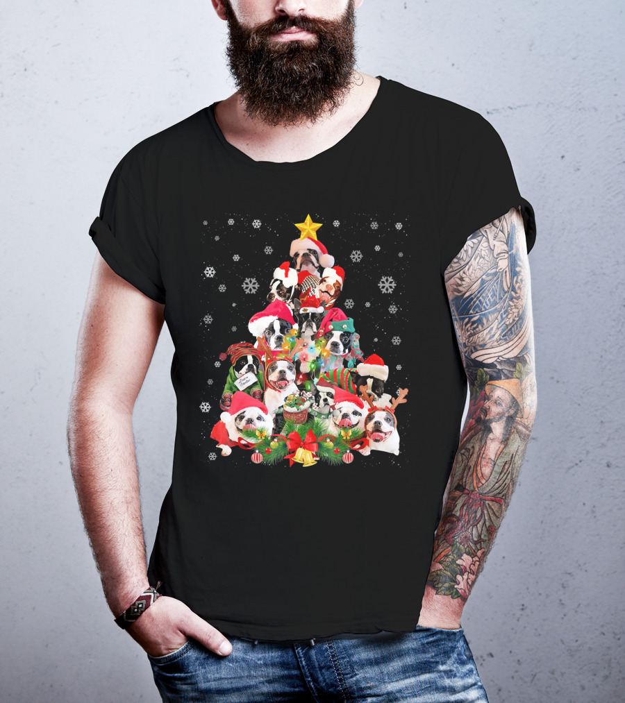 Boston Terriers Christmas Tree Snowflakes And Santa Hats T-Shirt