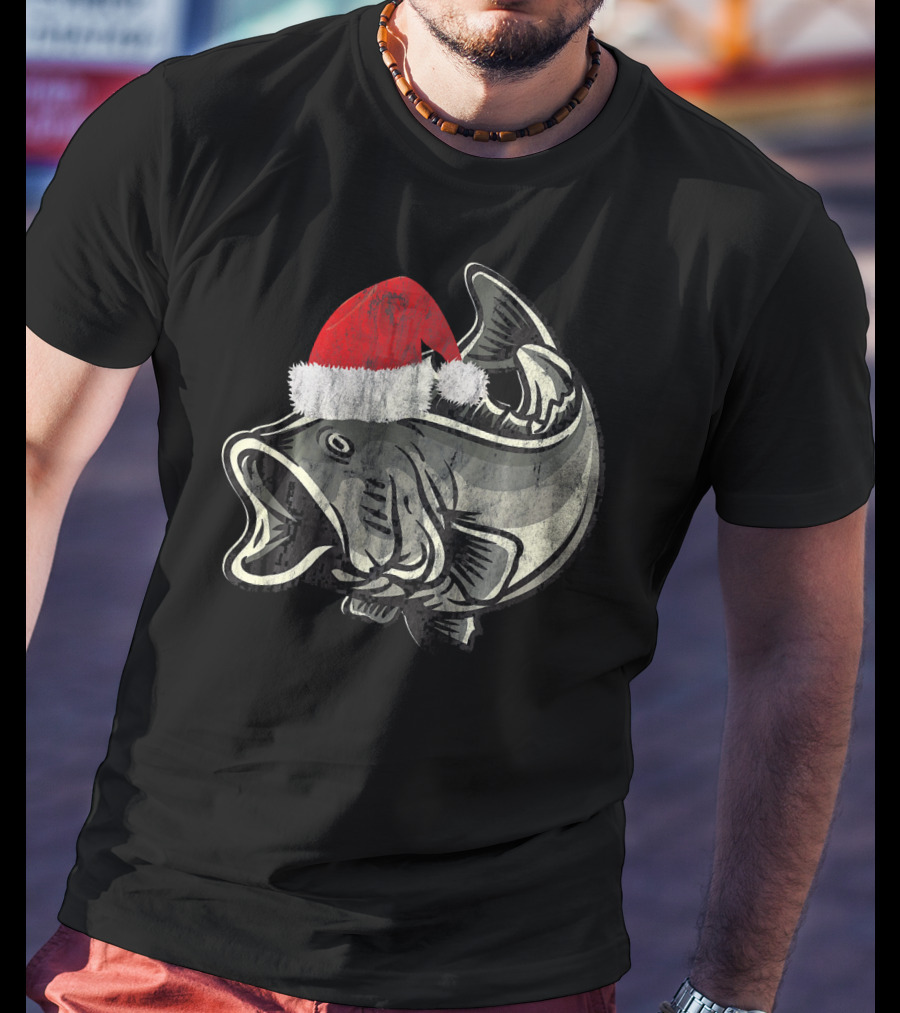 Christmas Bass With Santa Hat T-Shirt