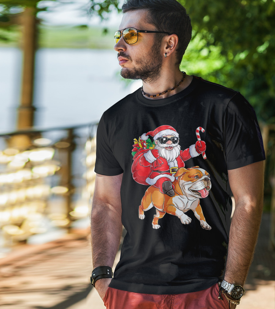 Santa Riding English Bulldog Christmas College Holiday T-Shirt