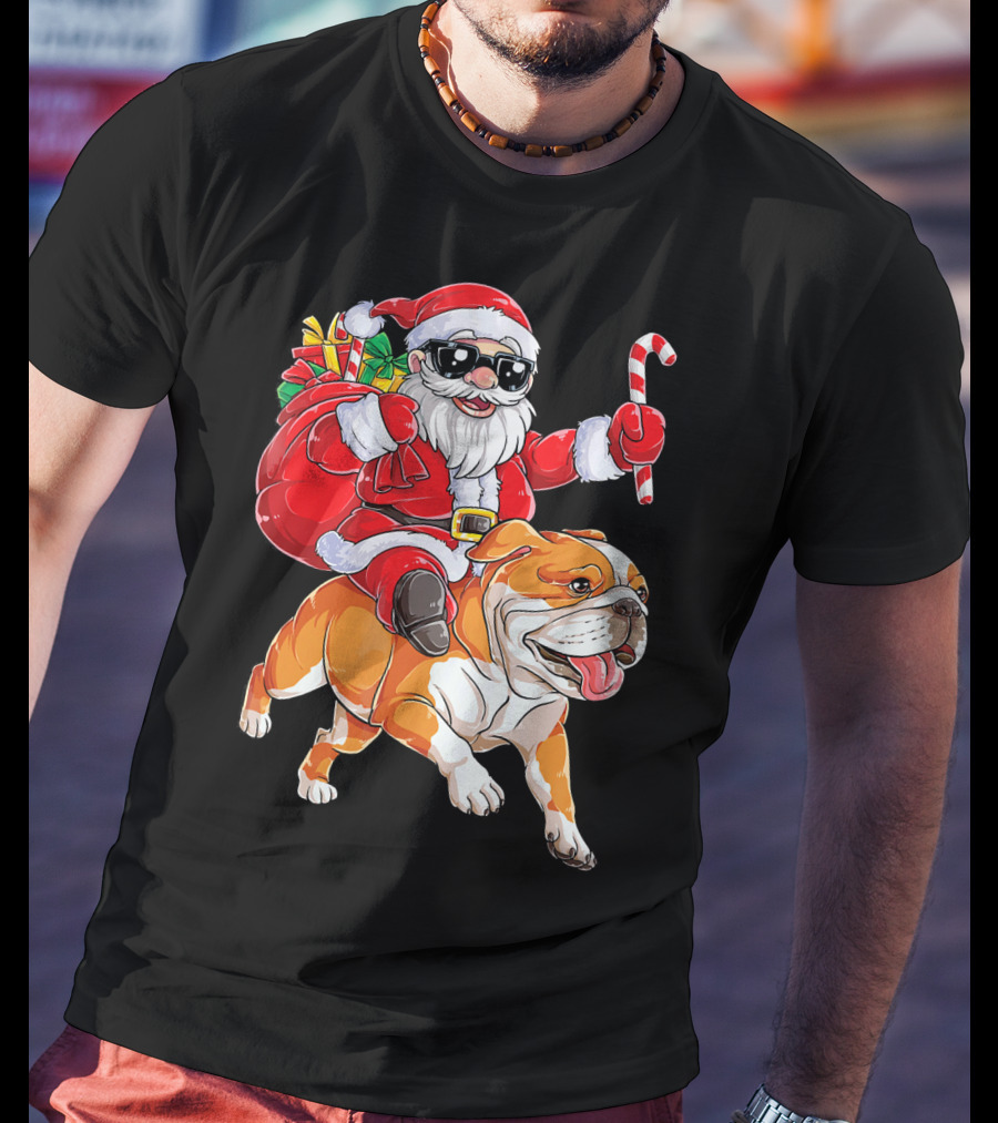 Santa Riding English Bulldog Christmas College Holiday T-Shirt