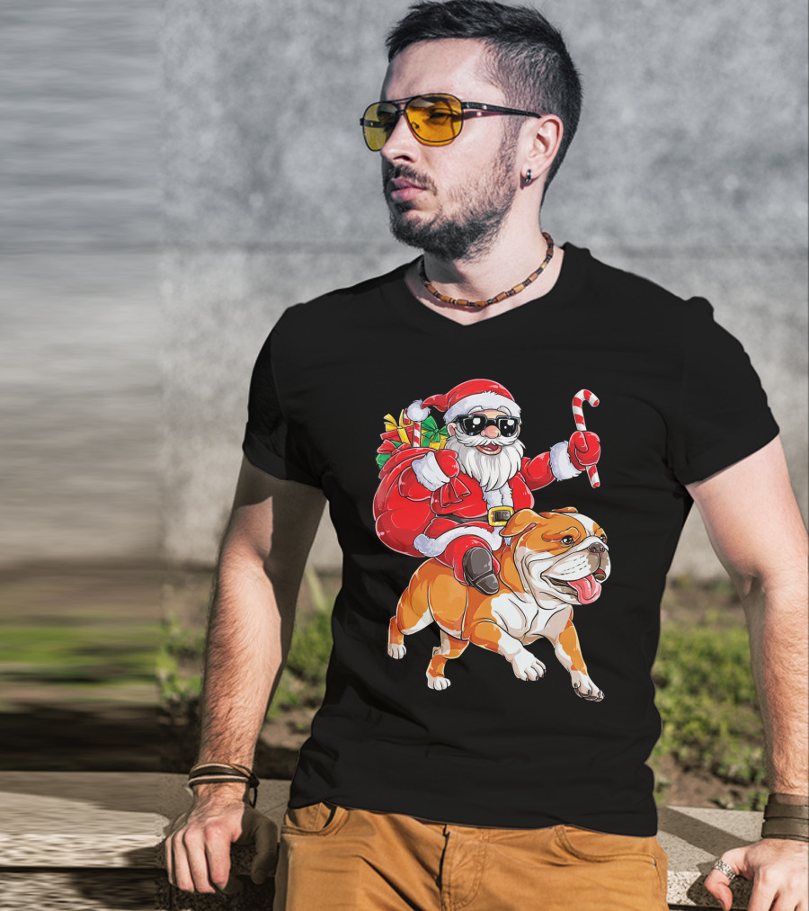 Santa Riding English Bulldog Christmas College Holiday T-Shirt