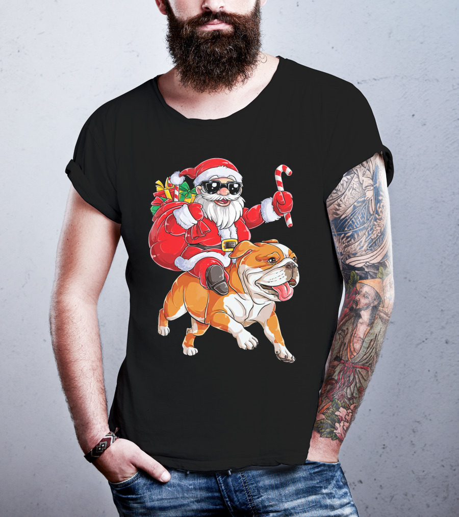 Santa Riding English Bulldog Christmas College Holiday T-Shirt