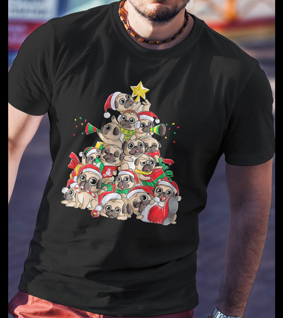 Merry Pugmas Christmas Tree With Pugs In Santa Hats T-Shirt
