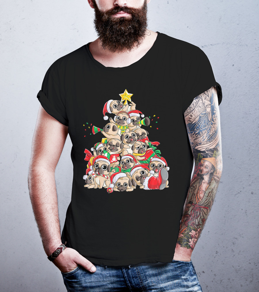 Merry Pugmas Christmas Tree With Pugs In Santa Hats T-Shirt