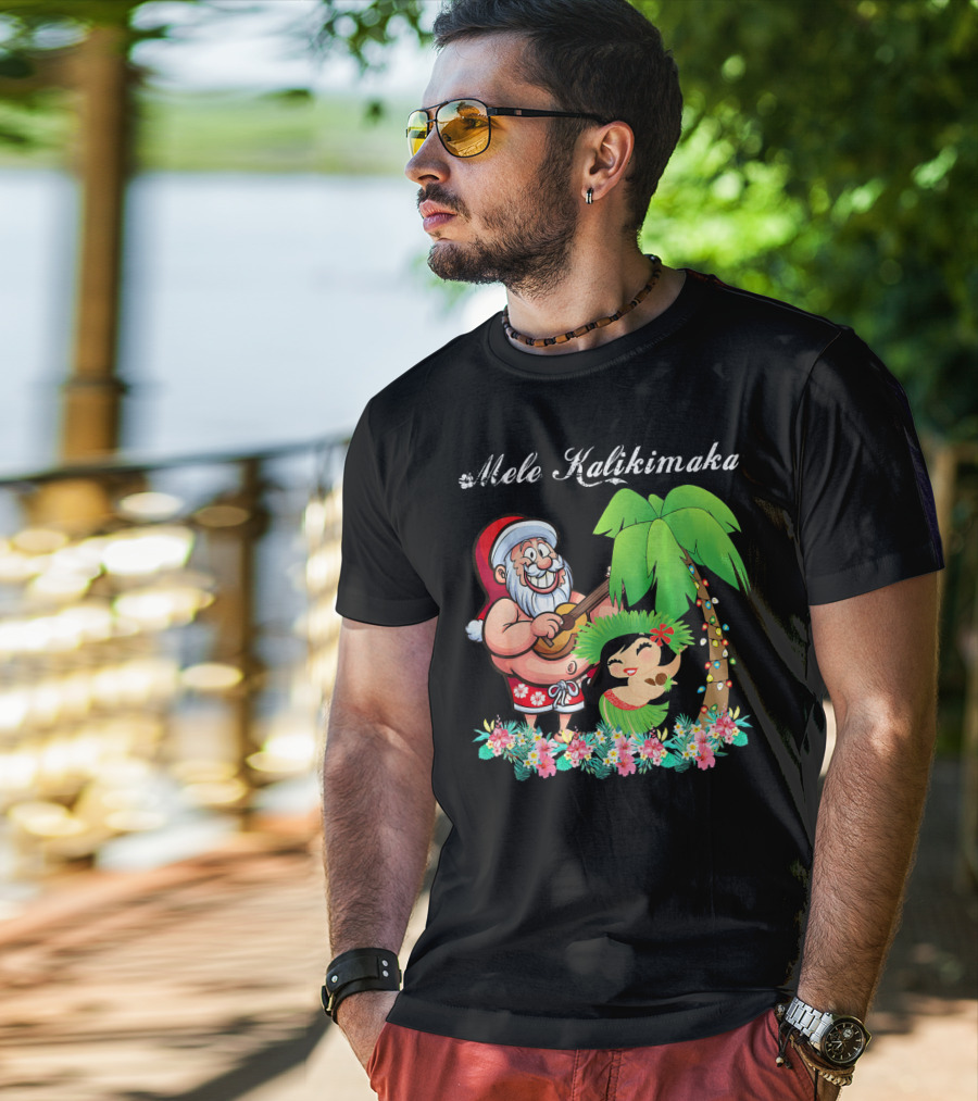 Mele Kalikimaka Christmas Santa Hawaii With Hula Dancer And Palm Tree T-Shirt