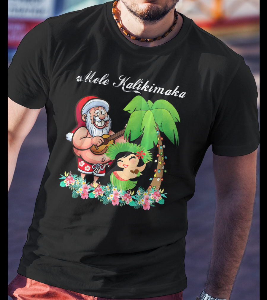 Mele Kalikimaka Christmas Santa Hawaii With Hula Dancer And Palm Tree T-Shirt