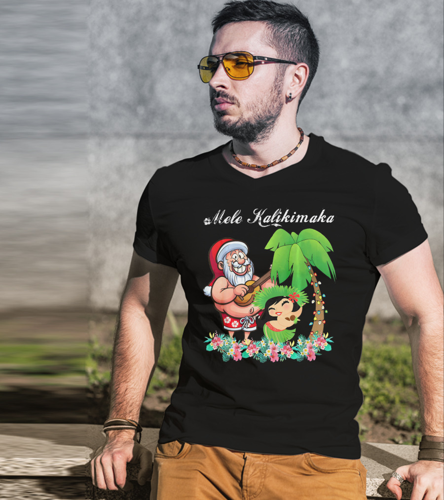 Mele Kalikimaka Christmas Santa Hawaii With Hula Dancer And Palm Tree T-Shirt