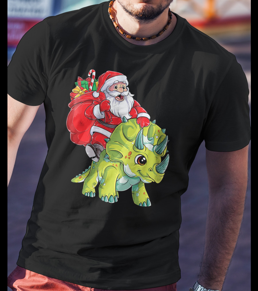 Santa Riding Triceratops Dinosaur Christmas Boys Santa Tric T-Shirt