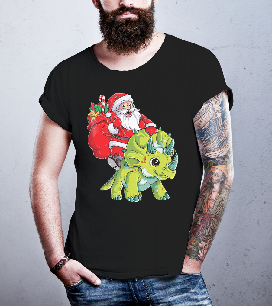 Santa Riding Triceratops Dinosaur Christmas Boys Santa Tric T-Shirt