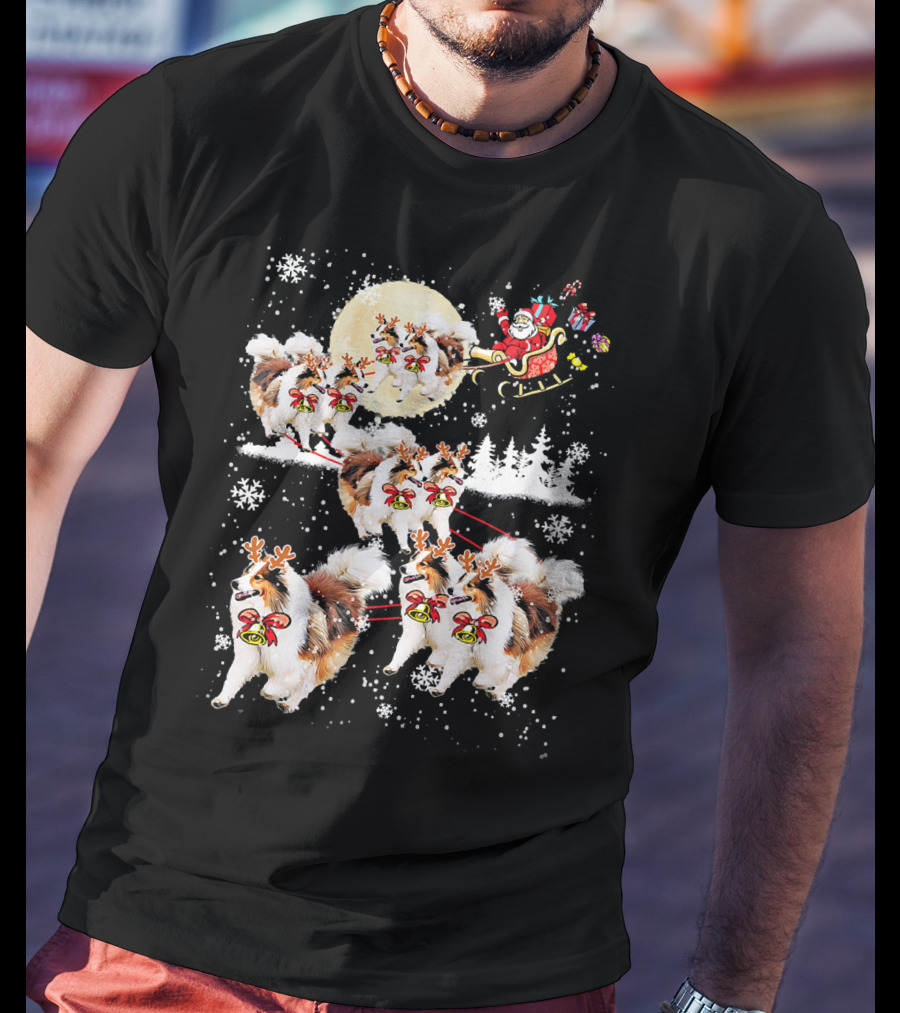 Sheltie Reindeer Christmas Nice Dog Santa Sleigh Moon Snowflakes T-Shirt