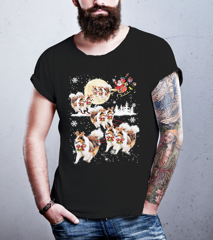 Sheltie Reindeer Christmas Nice Dog Santa Sleigh Moon Snowflakes T-Shirt