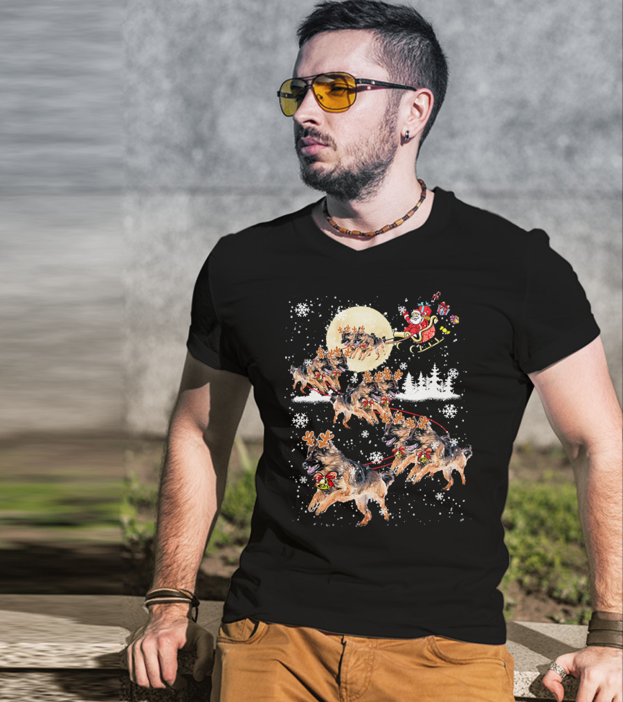 Santa Sleigh German Shepherd Reindeer Christmas Snowflakes Moon T-Shirt