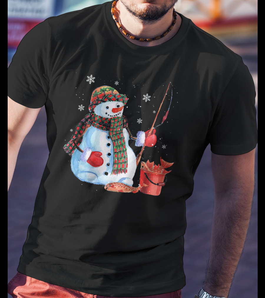 Merry Christmas Snowman Fishing With Fish And Snowflakes T-Shirt