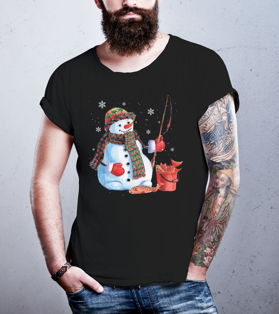 Merry Christmas Snowman Fishing With Fish And Snowflakes T-Shirt