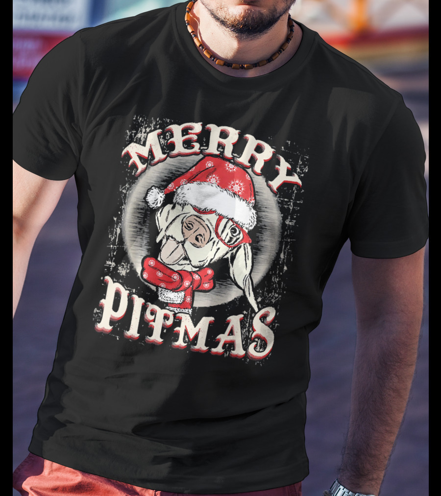 Merry Pitmas Santa Hat Festive Dog T-Shirt