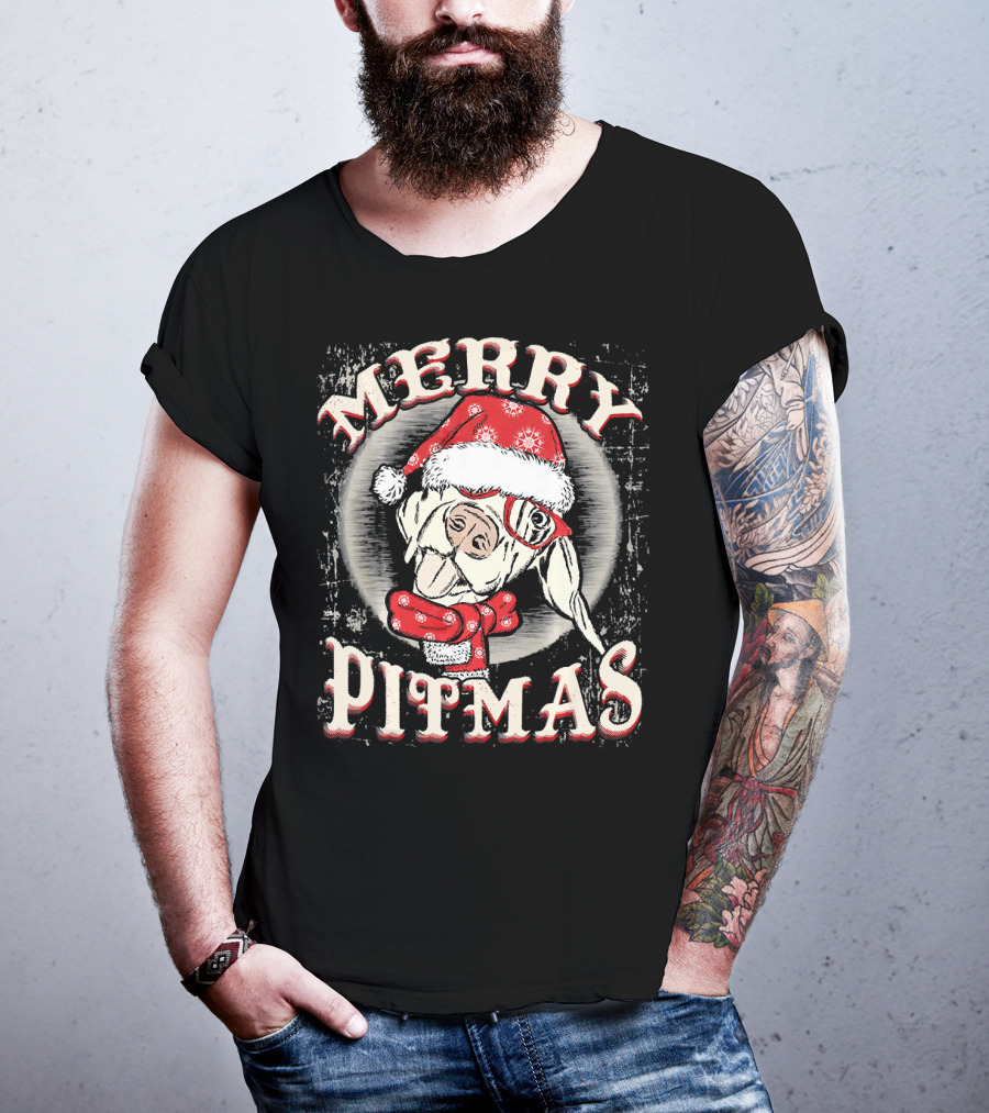 Merry Pitmas Santa Hat Festive Dog T-Shirt