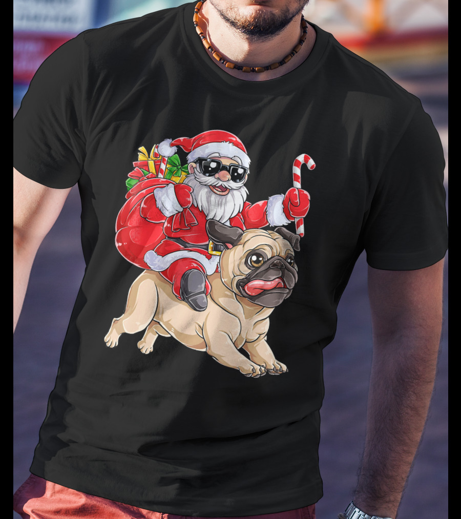 Santa Claus Riding Pug With Candy Cane And Gifts T-Shirt