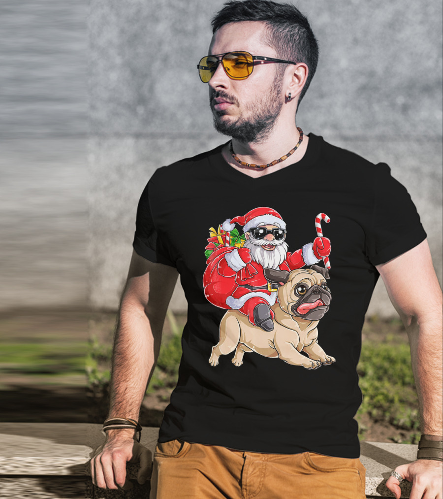 Santa Claus Riding Pug With Candy Cane And Gifts T-Shirt