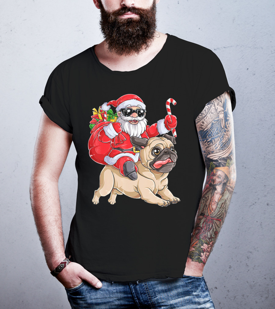 Santa Claus Riding Pug With Candy Cane And Gifts T-Shirt