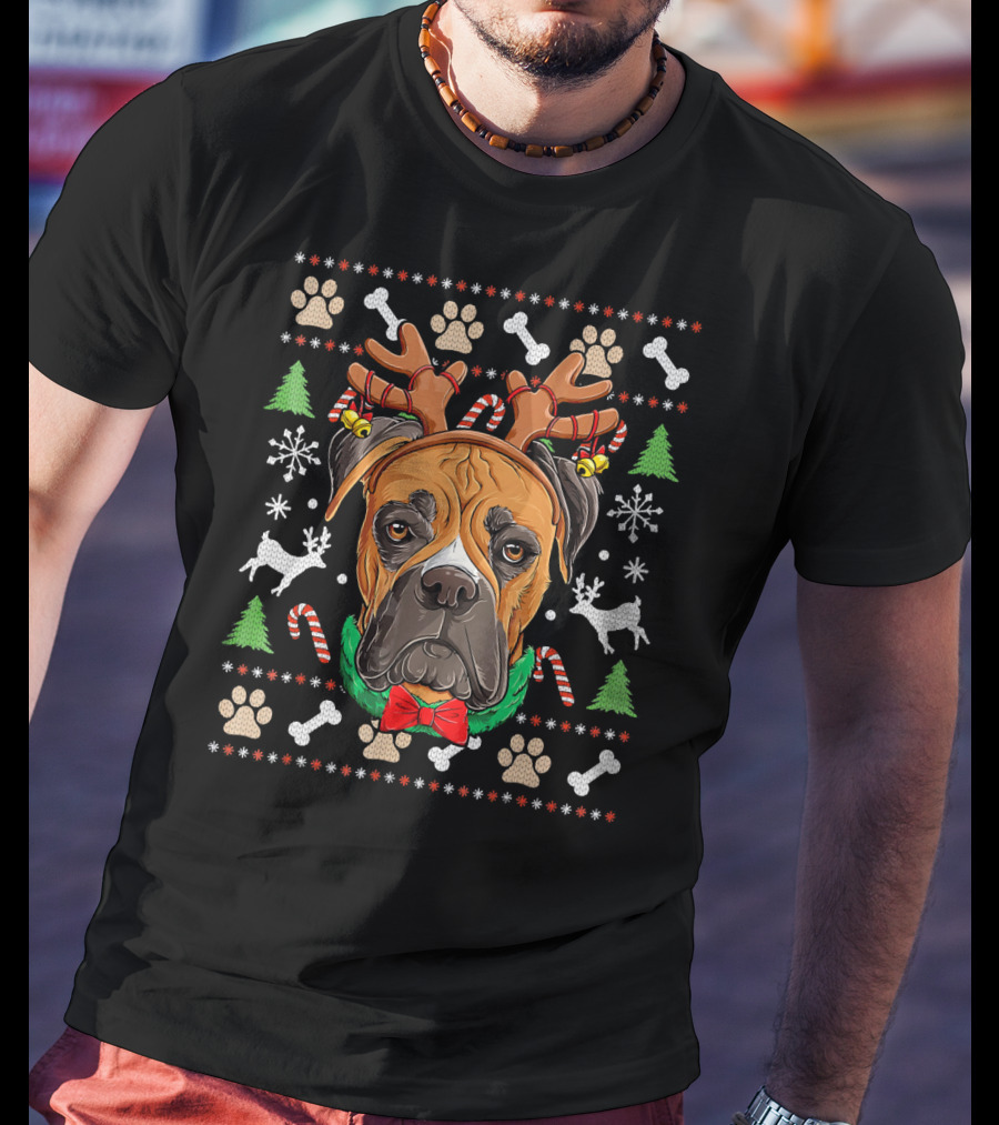 Boxer Ugly Christmas Reindeer Antlers Candy Canes Snowflakes Green Trees T-Shirt