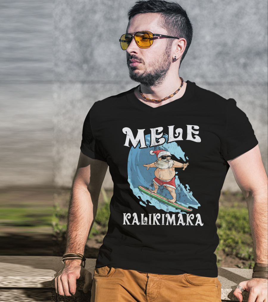 Mele Kalikimaka Funny Santa Surfing Wave T-Shirt