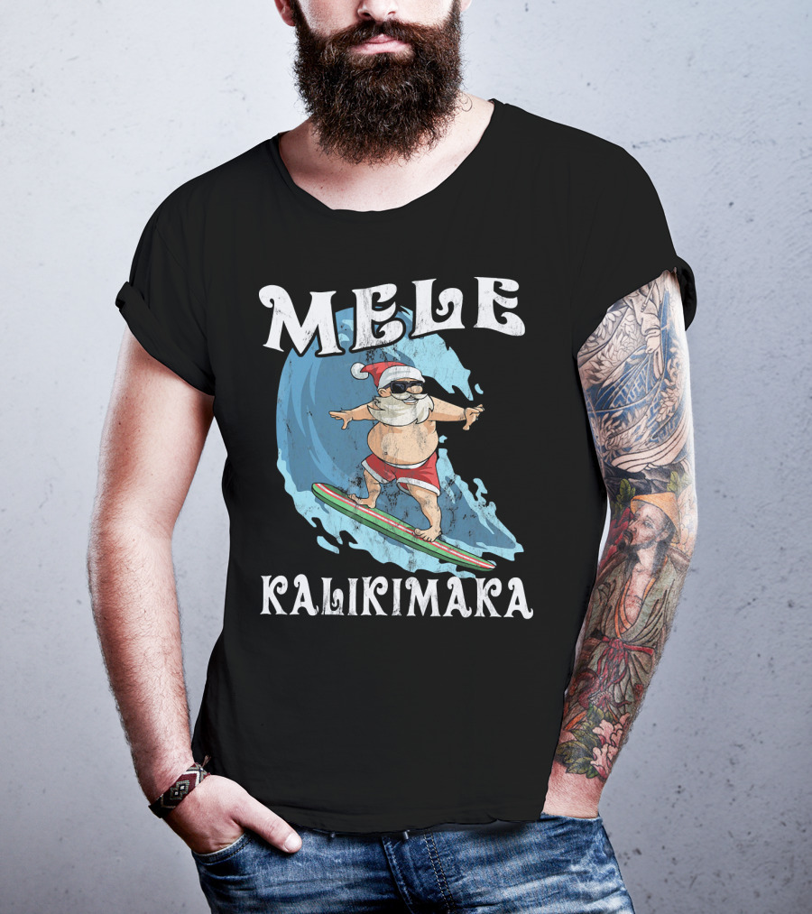Mele Kalikimaka Funny Santa Surfing Wave T-Shirt