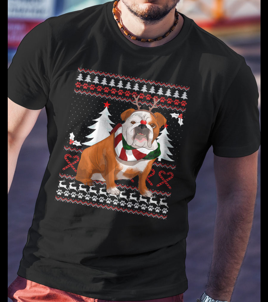 English Bulldog Festive Christmas Sweater With Reindeer Antlers T-Shirt