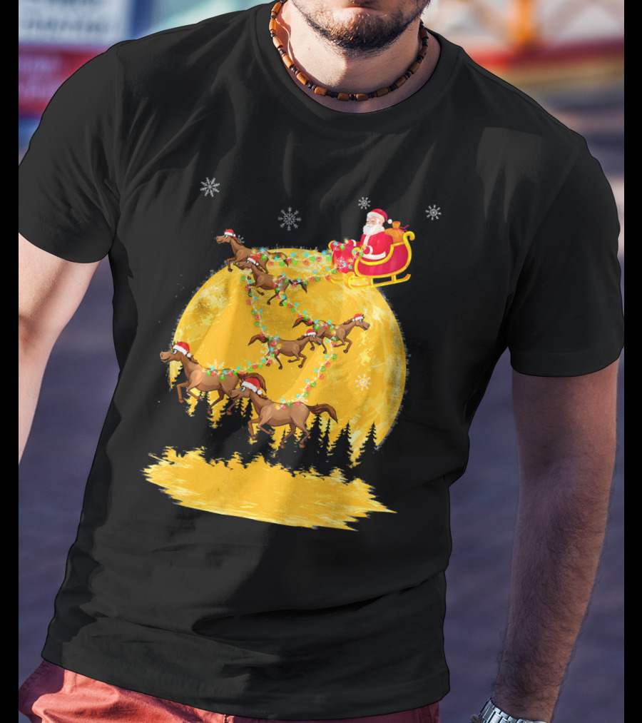 Santa Claus On Sleigh With Horses And Christmas Moon T-Shirt