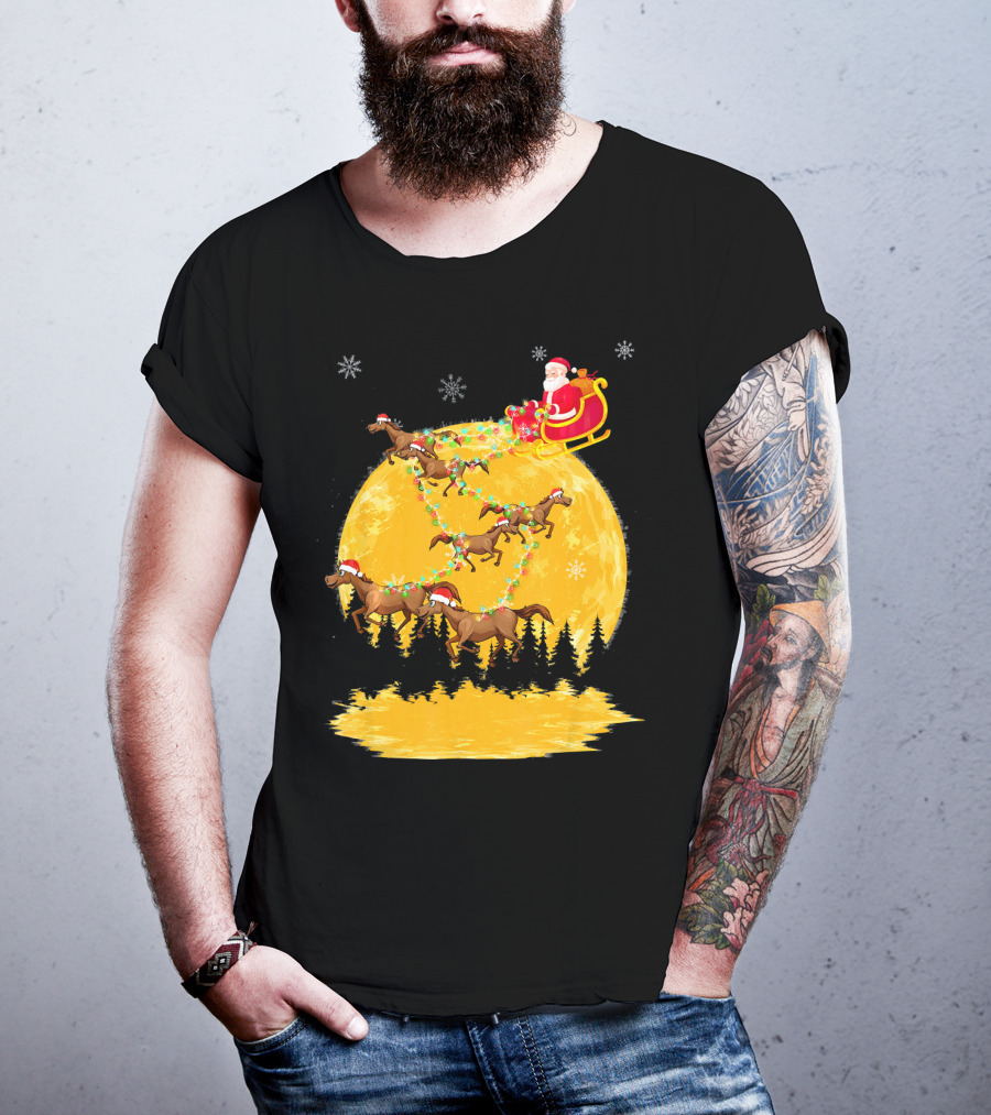 Santa Claus On Sleigh With Horses And Christmas Moon T-Shirt