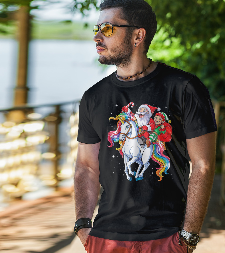 Santa And Elf Riding Rainbow Unicorn Christmas Magic T-Shirt