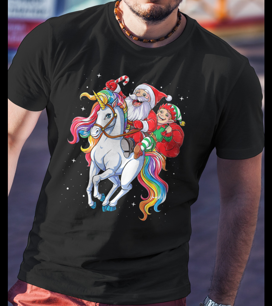 Santa And Elf Riding Rainbow Unicorn Christmas Magic T-Shirt