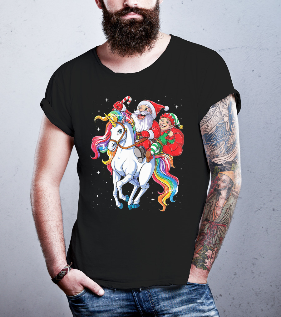Santa And Elf Riding Rainbow Unicorn Christmas Magic T-Shirt