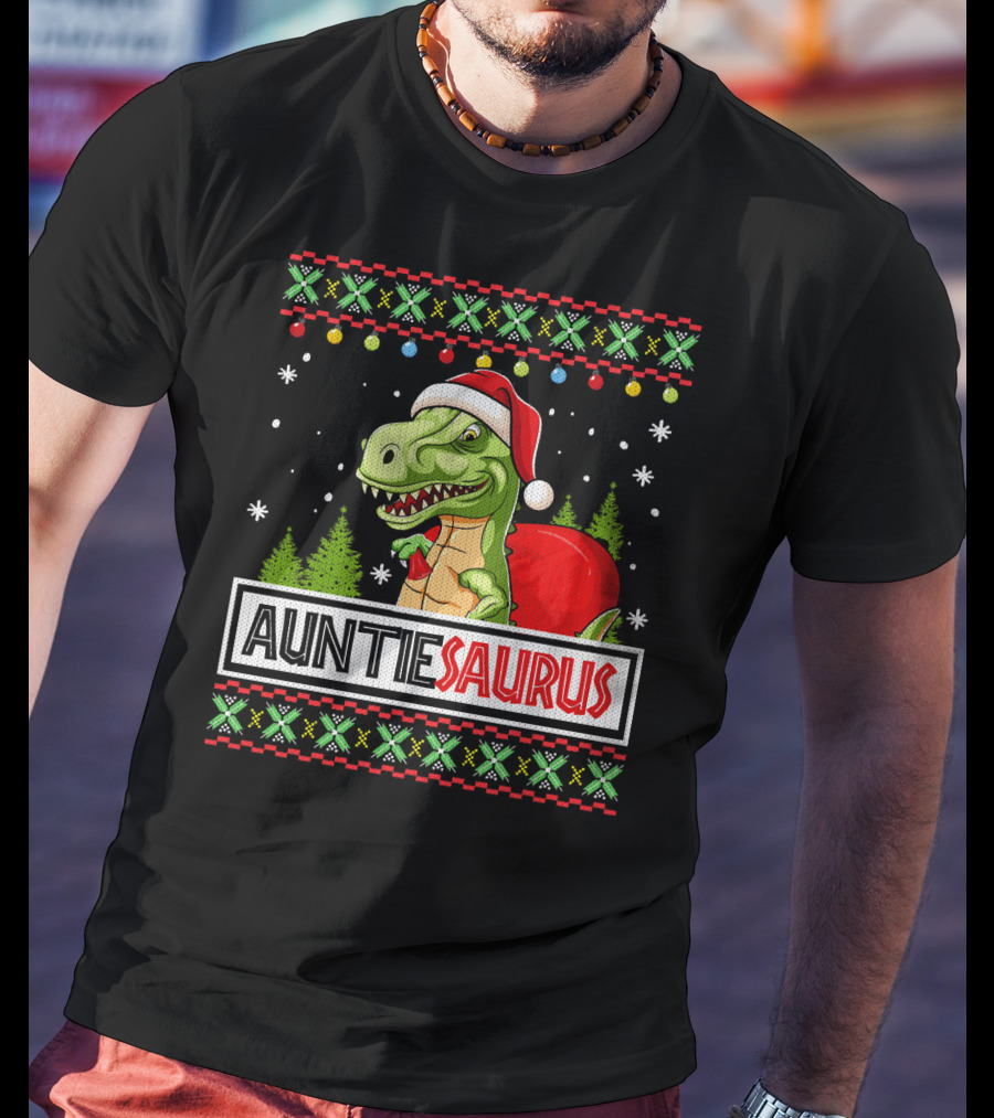 Auntiesaurus Funny Auntie Dinosaur Christmas Sweater T-Rex Santa Hat T-Shirt
