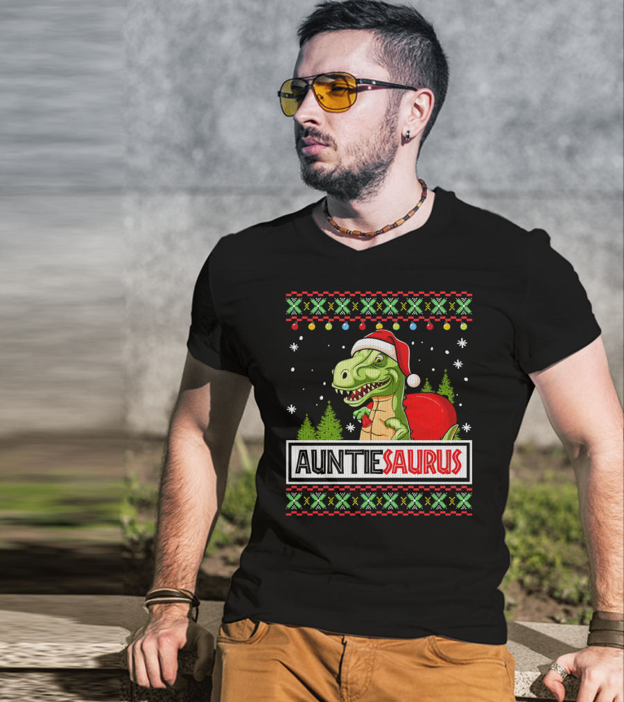 Auntiesaurus Funny Auntie Dinosaur Christmas Sweater T-Rex Santa Hat T-Shirt