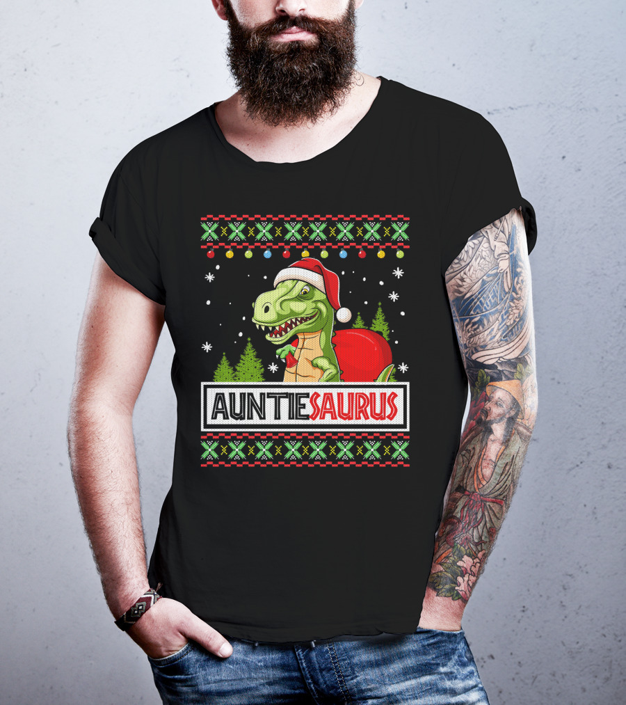 Auntiesaurus Funny Auntie Dinosaur Christmas Sweater T-Rex Santa Hat T-Shirt