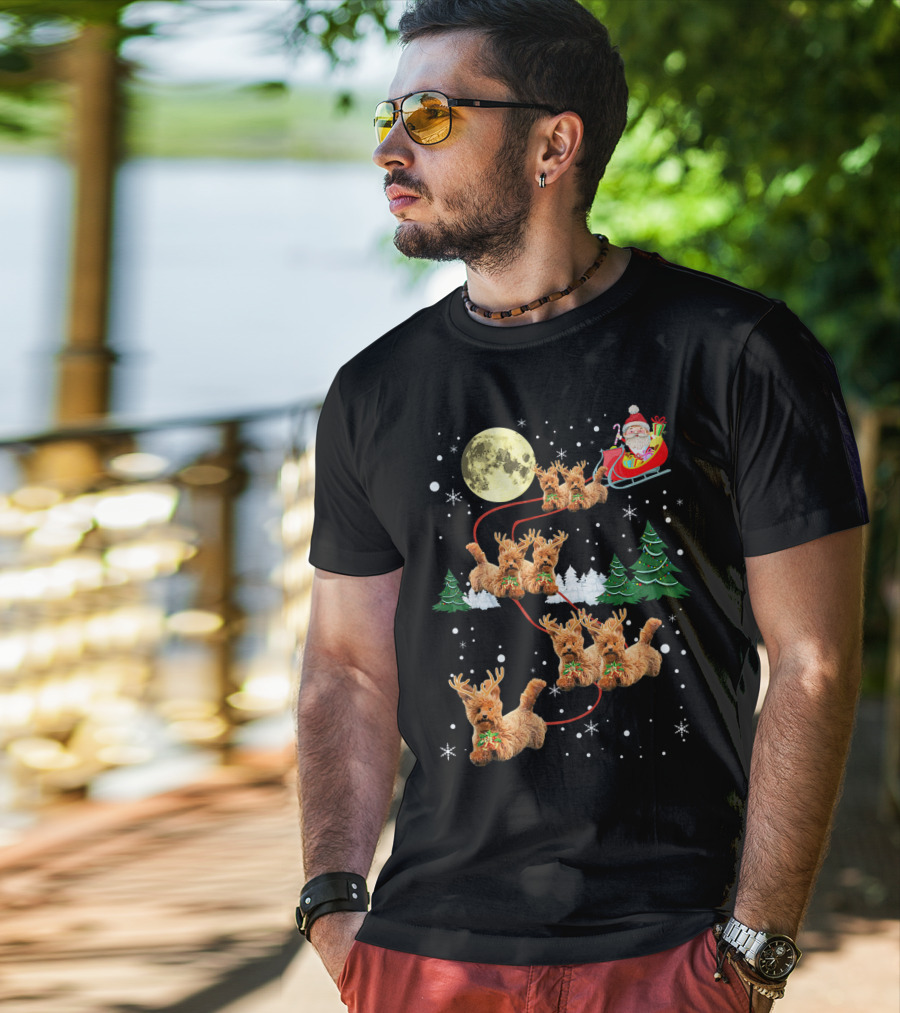 Funny Reindeer Dogs With Santa Sleigh Under Full Moon T-Shirt
