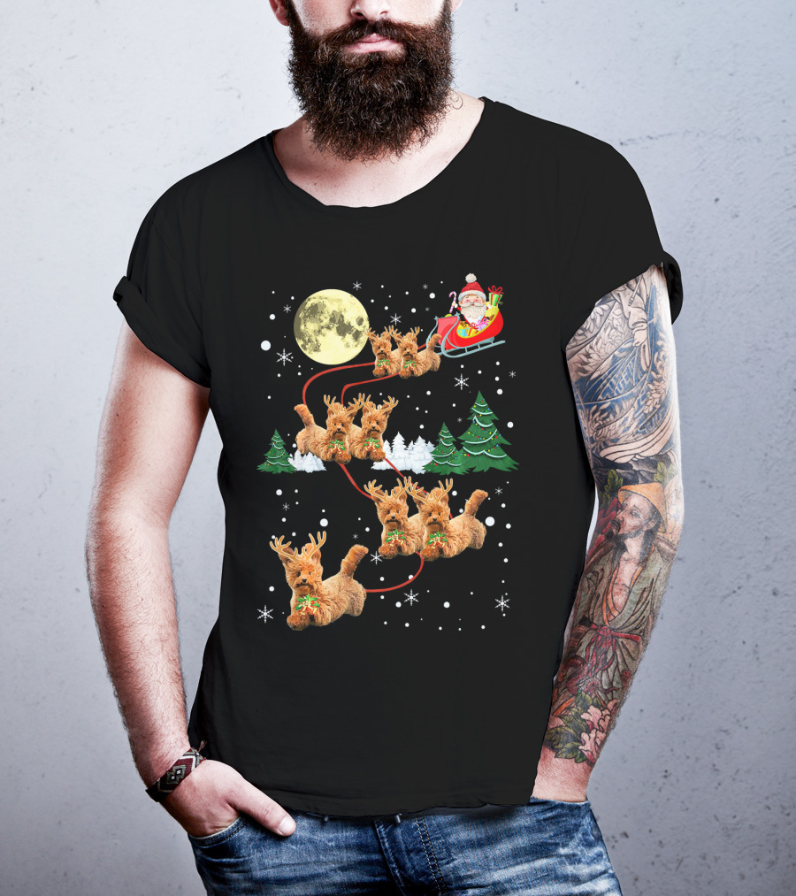 Funny Reindeer Dogs With Santa Sleigh Under Full Moon T-Shirt