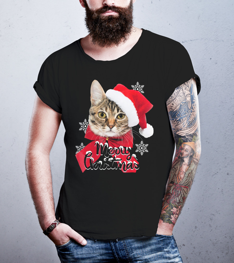 Merry Christmas Funny Cat Women Santa T-Shirt