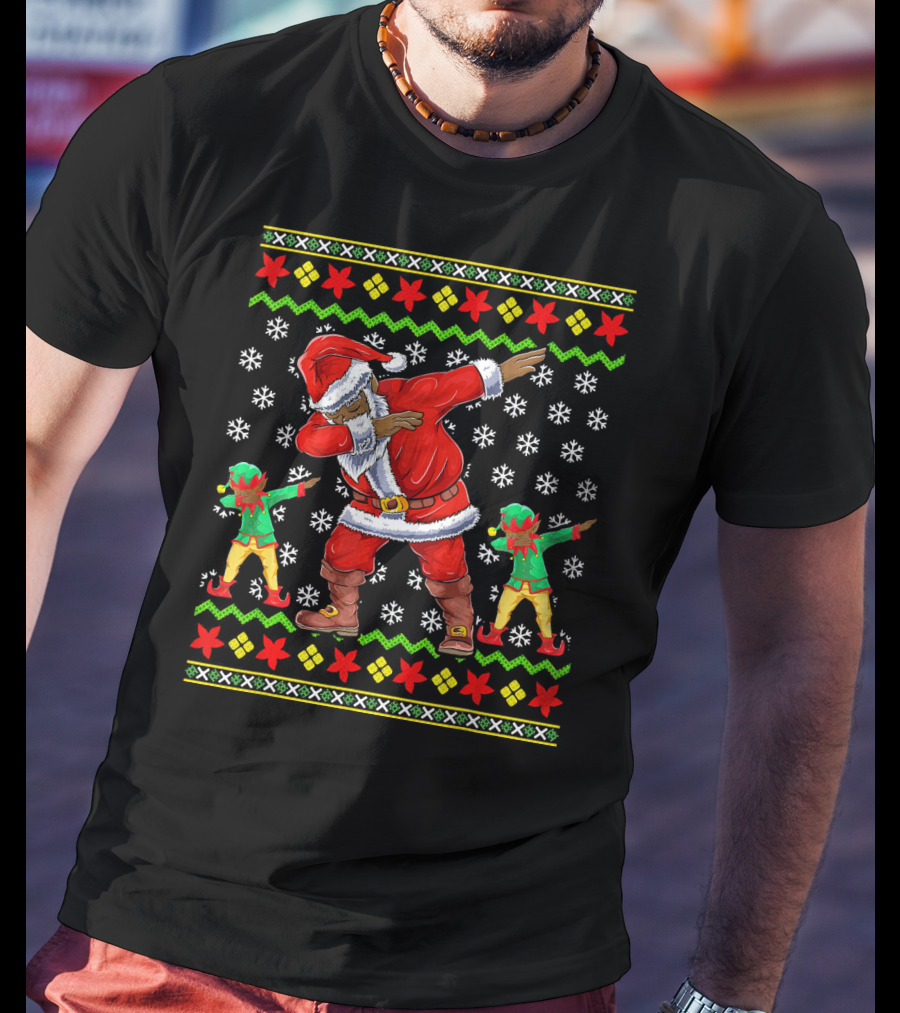Christmas African American Dabbing Santa With Elves T-Shirt