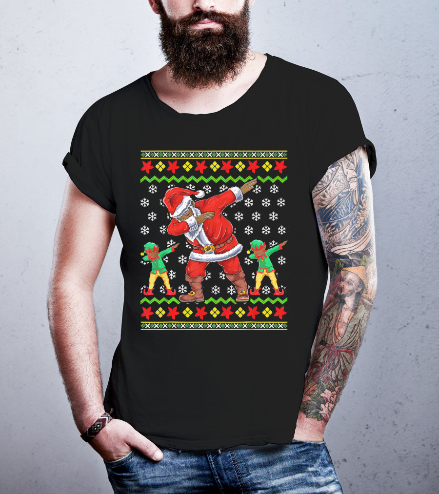 Christmas African American Dabbing Santa With Elves T-Shirt