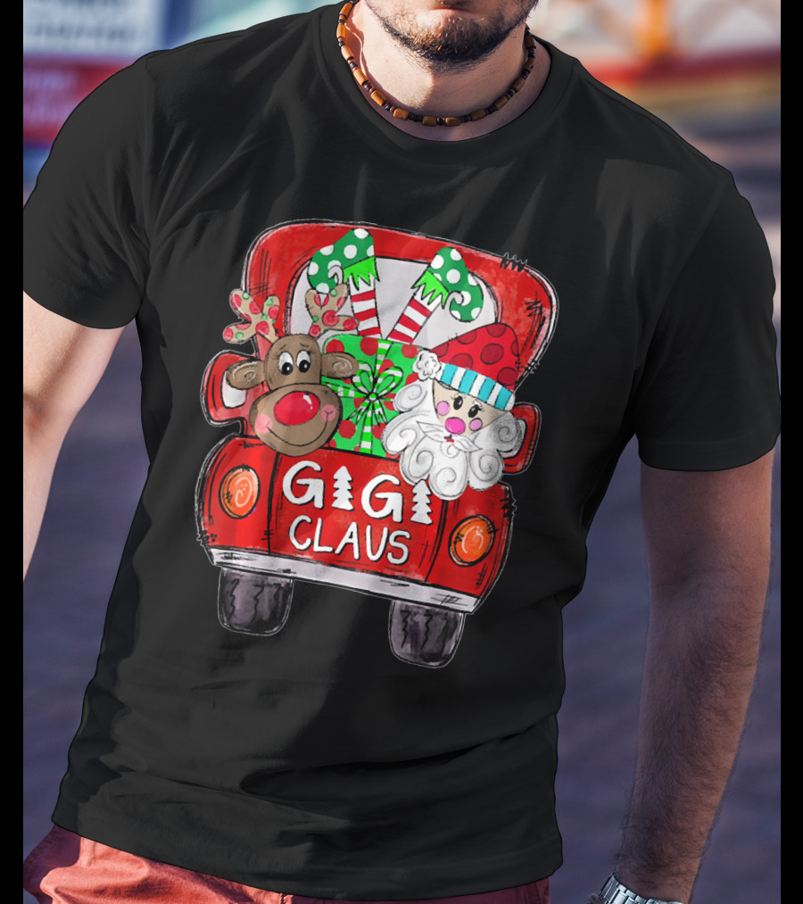 GiGi Claus Christmas Red Truck Reindeer With Gifts And Candy Canes T-Shirt