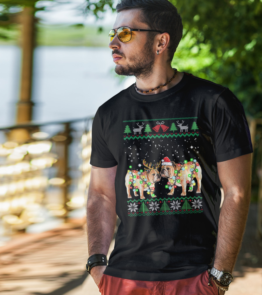 Bulldog Ugly Christmas Sweater With Santa Hat And Reindeer Antlers T-Shirt