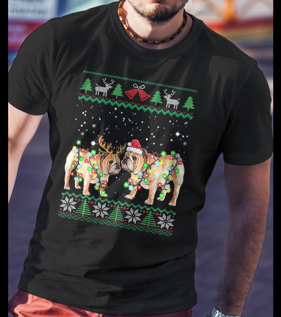Bulldog Ugly Christmas Sweater With Santa Hat And Reindeer Antlers T-Shirt